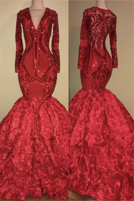 Mermaid Floral Red Long Prom Dresses  | Long Sleeve Luxury Sparkly Evening Dresses