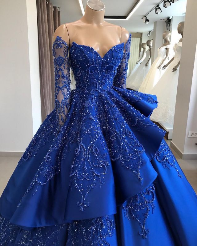 Gorgeous Royal Blue Lace Ruffled Prom Dresses | Strapless Sweetheart ...