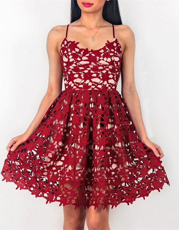 Delicate Lace Red Spaghetti Strap Homecoming Dress | Short A-line Party Gown