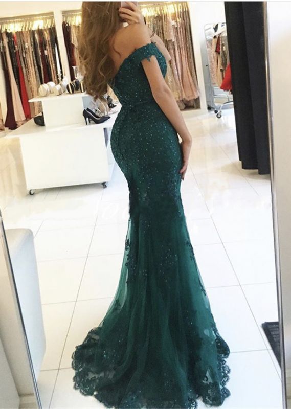 Dark Green Charming Mermaid Evening Gowns Off-the-Shoulder Lace AppliquesProm Dress AN0