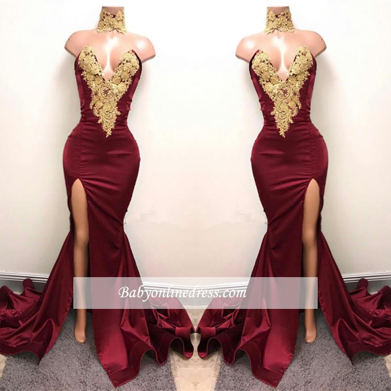 Front-Split High Neck Mermaid Burgundy Lace Appliques Prom Dresses  SP0326