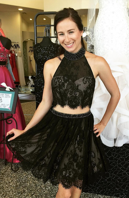 Newest Black High Neck Two Piece Beading A-line Short Homecoming Dress