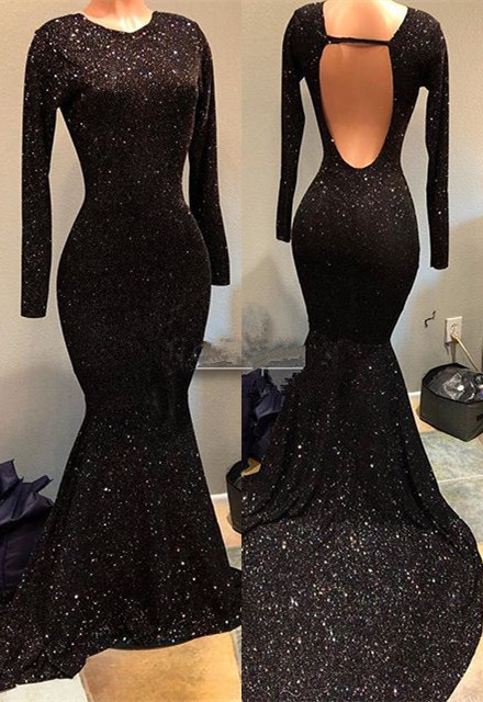 Vestidos de fiesta largos negros brillantes baratos para jóvenes | Vestidos de noche formales de sirena con espalda abierta y manga larga BA9023