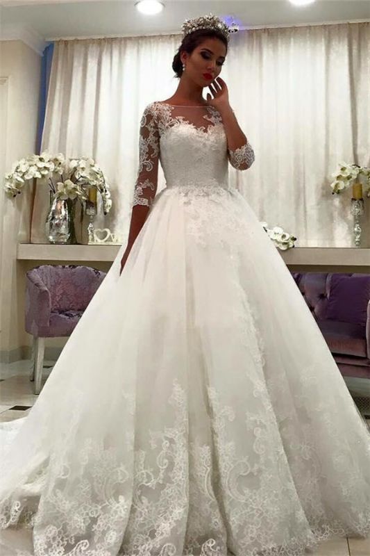 Chapel Train Bateau  Online Half Sleeve New Arrival Lace Appliques Elegant Ball Gown Wedding Dresses BA6591