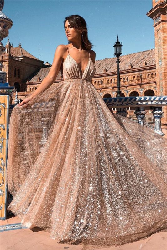 Glamorous Sequins A-Line Long Prom Gowns | 2021 Spaghetti Straps V-Neck Evening Dress