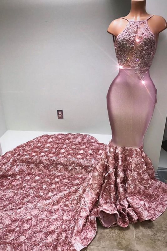 Gorgeous Pink Flowers Mermaid Prom Dresses | Halter Sleeveless Evening Gown BA7797