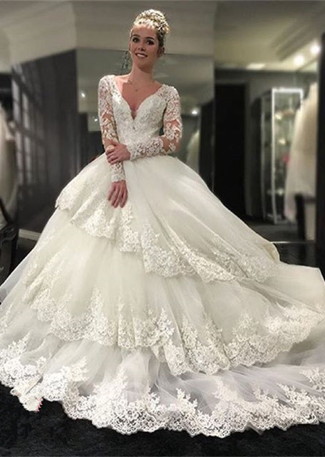 Trois couches à manches longues pas cher en ligne nouvelle arrivée dentelle appliques délicates robes de mariée élégantes robe de bal