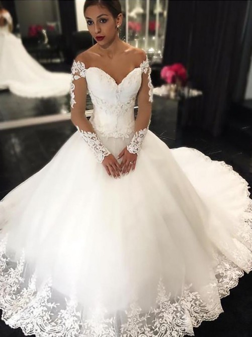 Gorgeous  New Arrival Lace Long Sleeve Elegant Wedding Dresses | Off The Shoulder Bridal Gowns