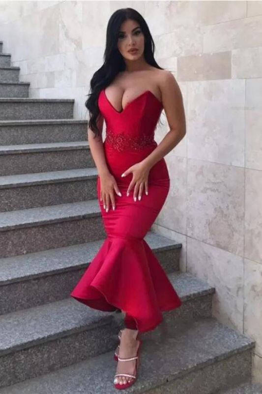 Gorgeous Mermaid Sweetheart Prom Dress | Strapless Appliques Red Tea-Length Evening Gowns