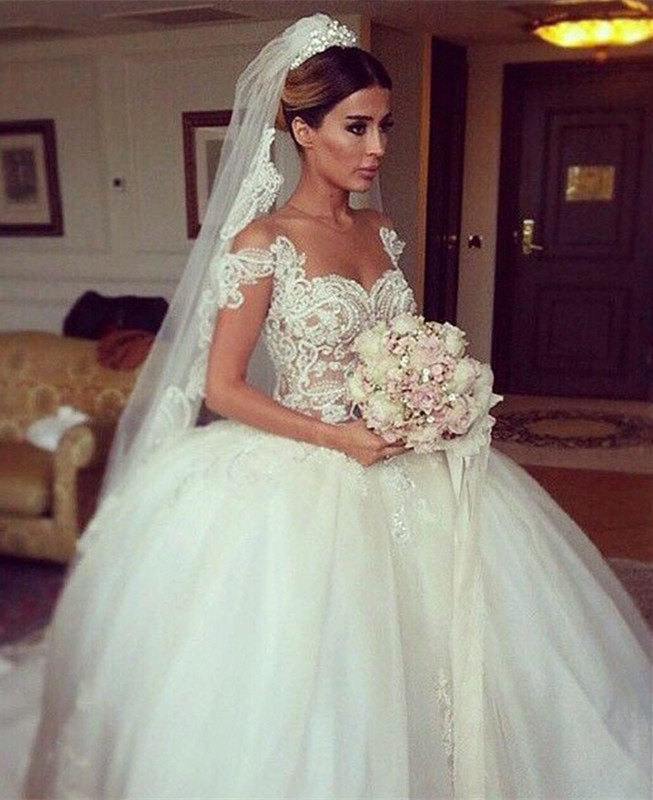 Short Sleeve Ball Gown Wedding Dresses with Beads | Princess Lace Appliques Sexy Bridal Gowns