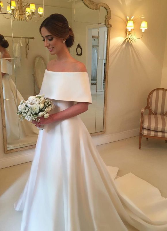 Einfache schulterfreie Brautkleider in A-Linie | Elegante weiße Satin Brautkleider