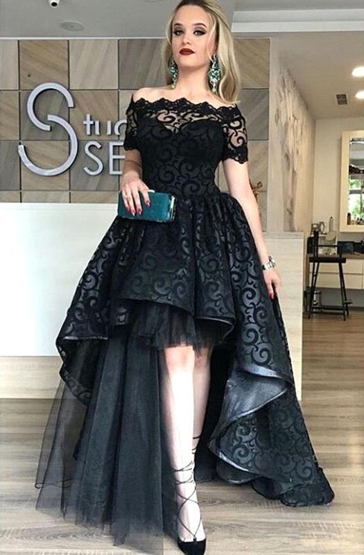 Black Short-Sleeve Lace Hi-Lo Sexy Prom Dress
