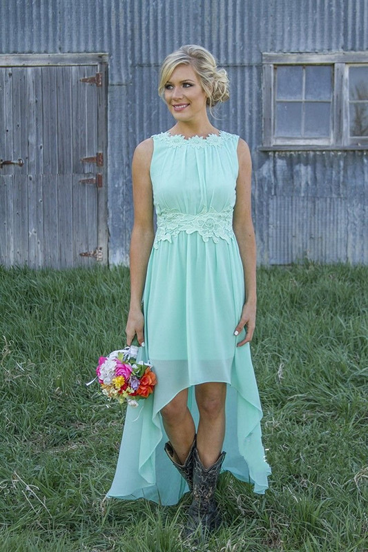 A-Line Mint Chiffon Bridesmaid Dresses Appliques Hi-Lo Prom Dresses