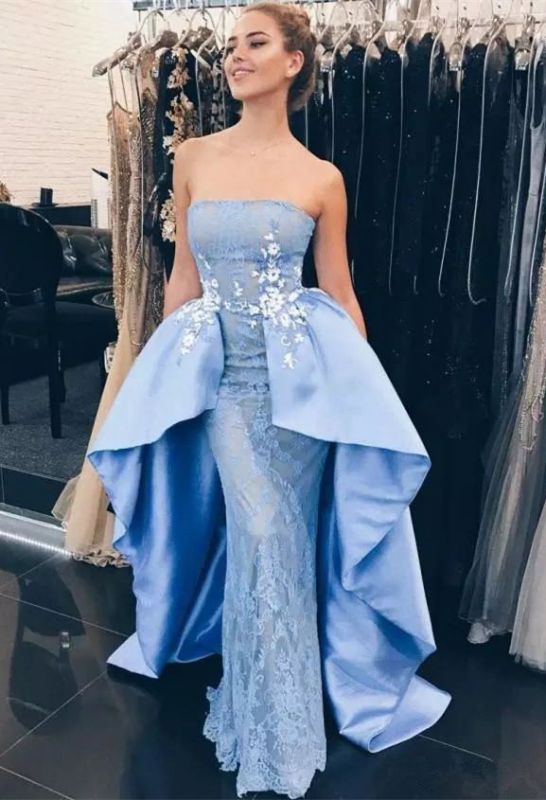 Blaues trägerloses ärmelloses Abendkleid aus Spitze | Blumen Ballkleid