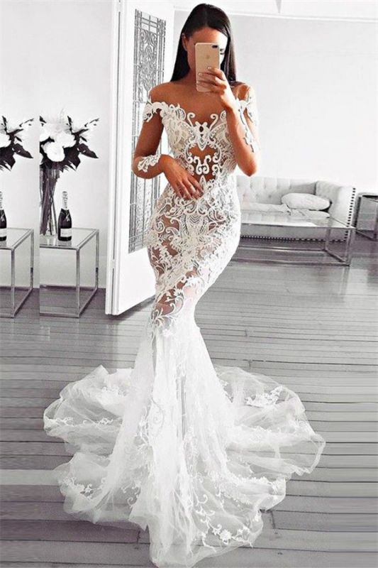 Preciosos vestidos de novia con hombros descubiertos y sirena | Apliques de manga larga Vestidos de novia transparentes