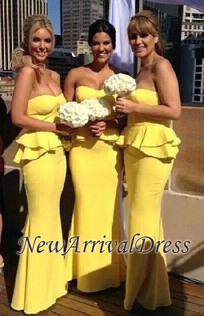 Ruffles Bright-Yellow Long Peplum Mermaid Bridesmaid Dresses