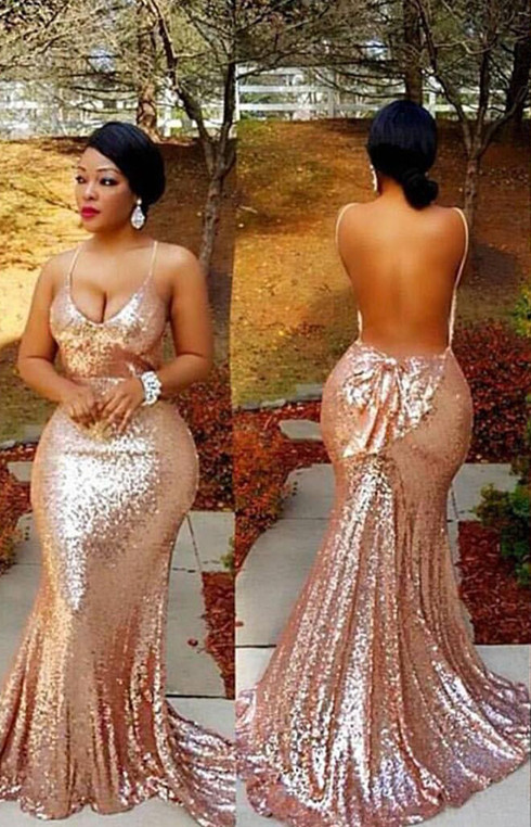 Sexy Sequined Mermaid Open Back Bow Prom Dress | Plus Size Prom Dress