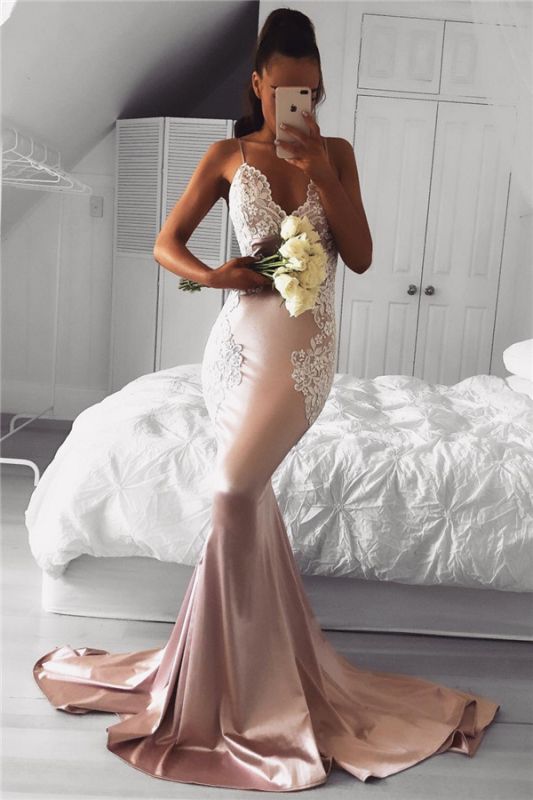 Bretelles Spaghetti Robes De Bal Sirène Pas Cher | Robe de soirée longue sexy en dentelle