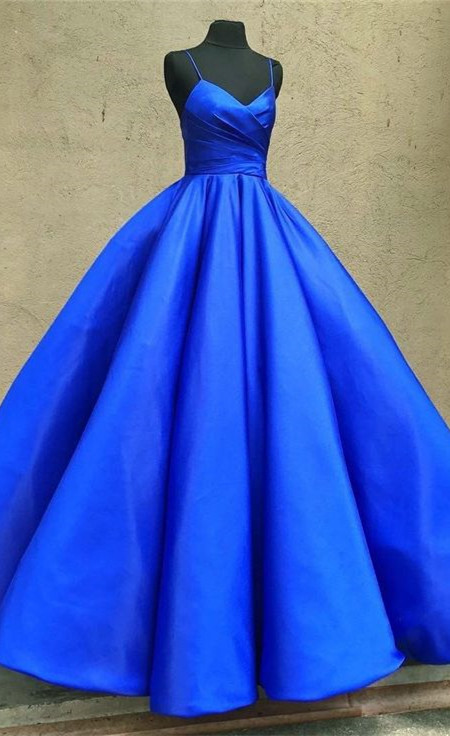 Spaghetti Strap Ball Gown Sleeveless Royal Blue Prom Dresses