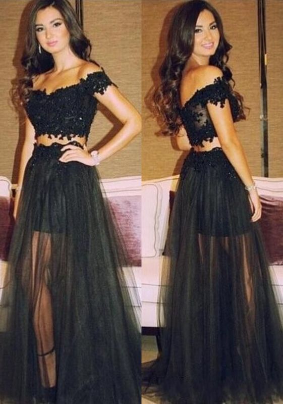 Black Lace Two Pieces Prom Dresses Off Shoulder Sheer Tulle Beaded Sexy Evening Gowns