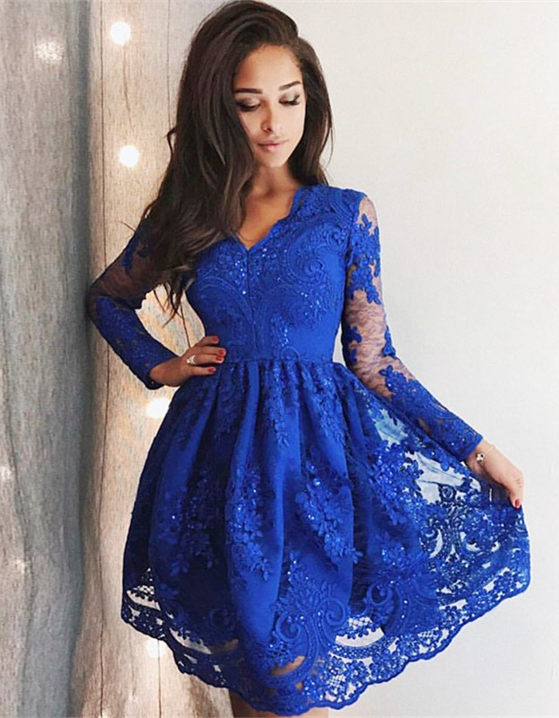 Cute Royal Blue Lace Long Sleeve Homecoming Dress | 2021 Short Party Gown