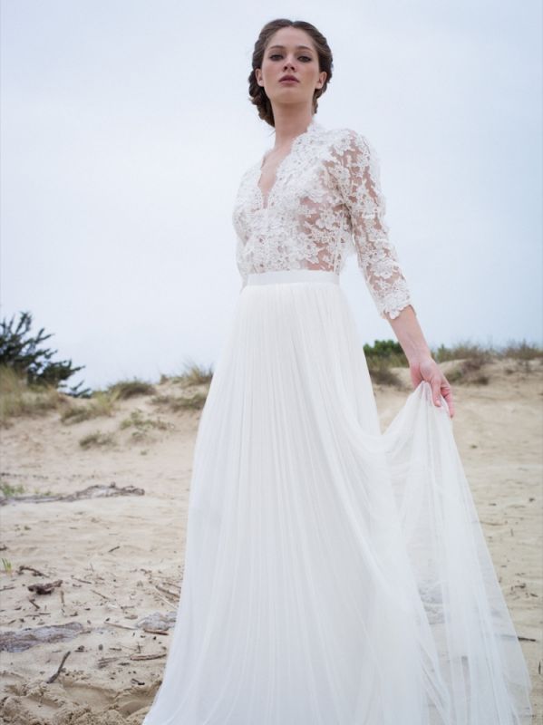 V-neck Elegant A-Line 3/4  Sleeve Lace Wedding Dresses | Beautiful Simple Beach Wedding Dresses
