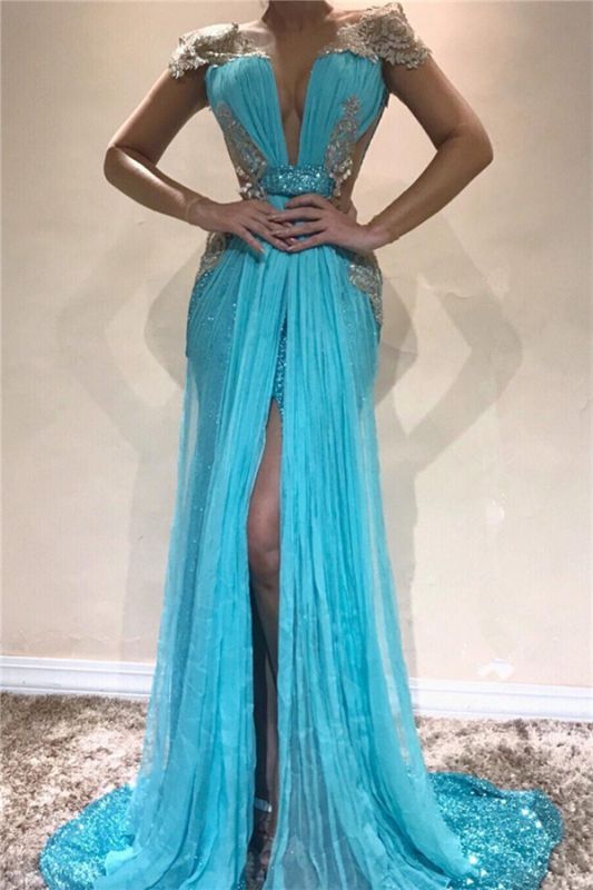 Sexy Mermaid Blue Evening Dresses | Slit Capped Sleeves Sequins Pageant Dresses