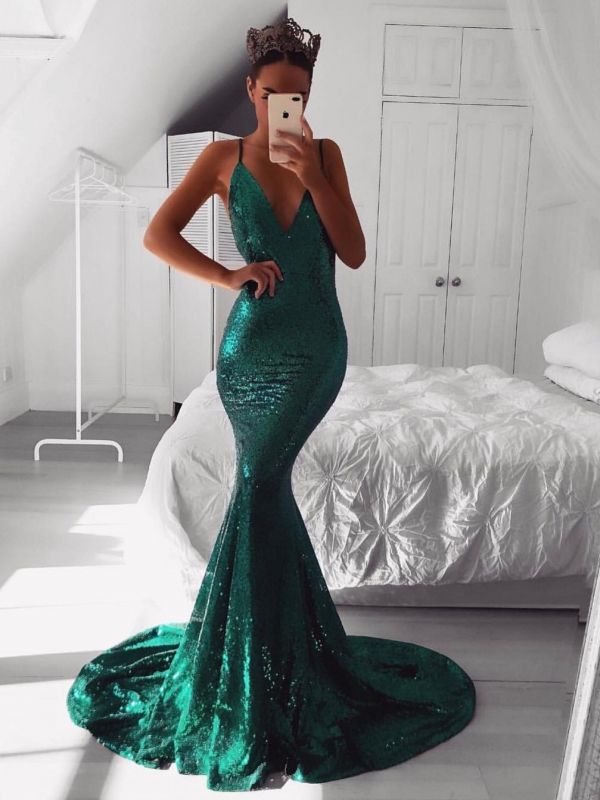 Sexy Mermaid V-Neck Sleeveless Evening Dresses | Spaghetti Straps Sweep Train Evening Gowns with Sequins