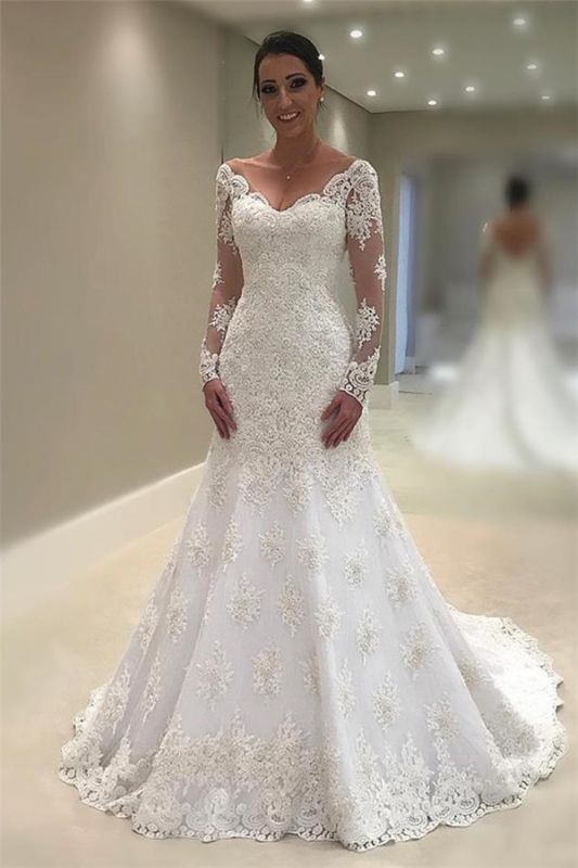 Elegant Long Sleeve Lace Wedding Dresses | V-Neck Mermaid A Line Bridal Gown