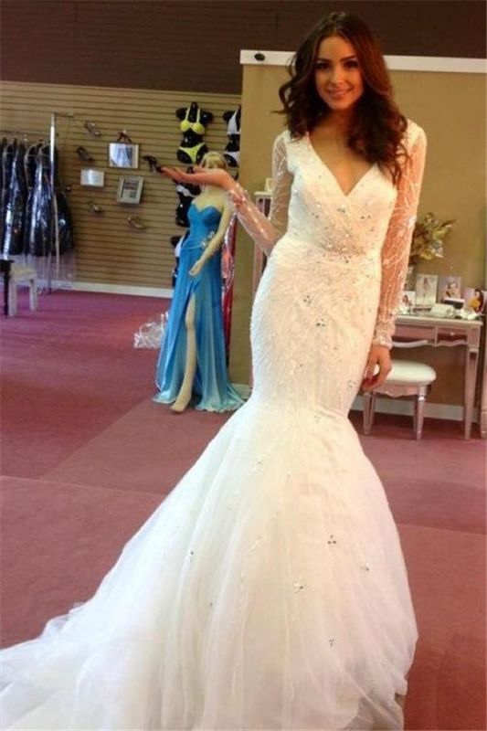 V-neck Gorgeous Mermaid Sequins Tulle Puffy Beaded Wedding Dresses