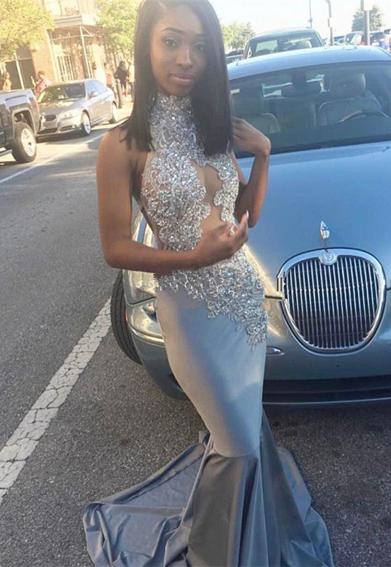 Silver Mermaid Prom Dress |Lace Long Evening Gowns