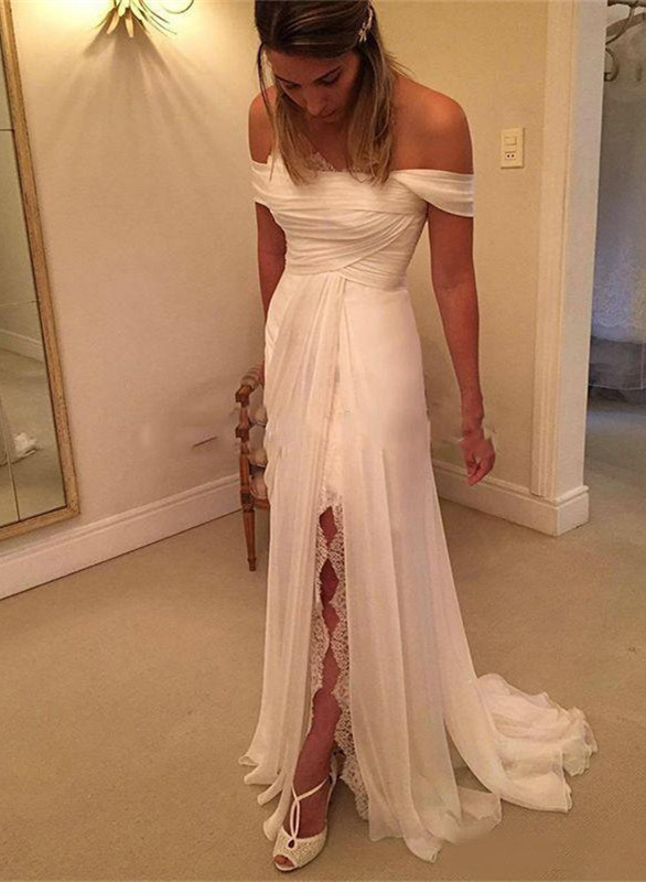 Lace Side Slit Chiffon Off The Shoulder Wedding Dresses