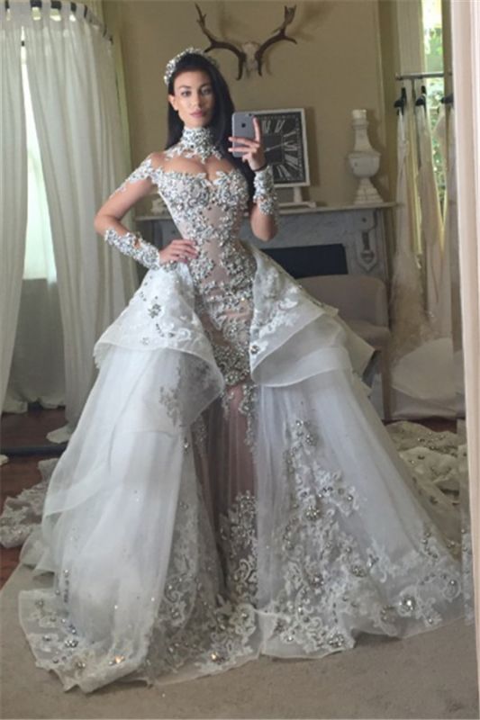 Appliques Long Sleeve Glamorous Detachable Train Tulle High-Neck Wedding Dresses  Online
