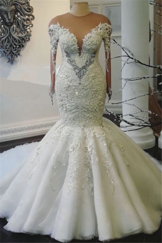 Meerjungfrau-Brautkleid mit Sweep-Zug-Perlen-Hochzeitskleid mit langen Ärmeln und Spitzenapplikationen