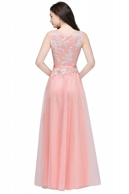 CARLY | A-line Jewel Neck Long Tulle Pink Prom Dresses with Sash_5
