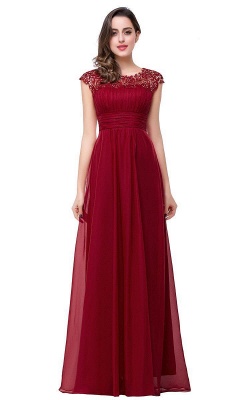 Beaded Chiffon Capped-Sleeves Open-Back Long Lace A-line Party Dresses_2