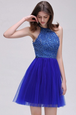 CAITLYN | A-line Halter Neck Short Tulle Royal Blue Homecoming Dresses with Beading_7