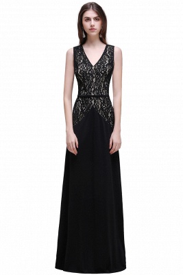 BRYANNA | A-line V-Neck Long Lace Black Prom Dresses with Sash_2