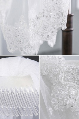 Niedliche Tüll-Spitze Scalloped Rand Hochzeit Handschuhe mit Applikationen Pailletten_4