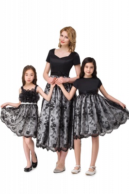 HEATHER| A-line Short Bowknot Flower Black Lace Mother Daughter Dresses_1