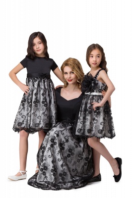 HEATHER| A-line Short Bowknot Flower Black Lace Mother Daughter Dresses_8