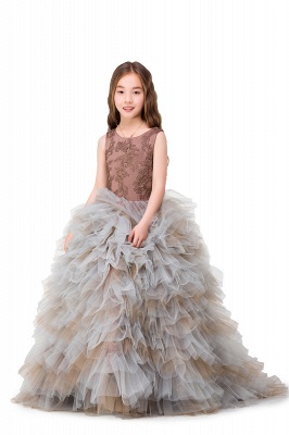 HEAVEN| Ball Gown Court Train Jewel Sleeveless Tulle Embroidery Mother Daughter Dresses_9