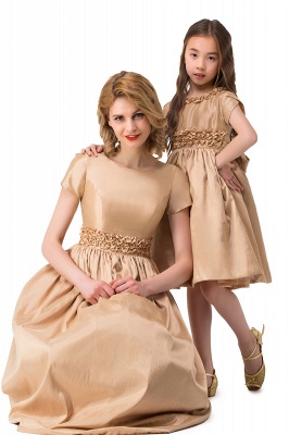 HAZEL | A-line Satin Jewel Short Sleeves Knee Length Mother Daughter Dresses_5