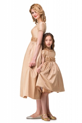 HAZEL | A-line Satin Jewel Short Sleeves Knee Length Mother Daughter Dresses_4