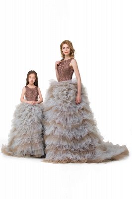 HEAVEN| Ball Gown Court Train Jewel Sleeveless Tulle Embroidery Mother Daughter Dresses_1