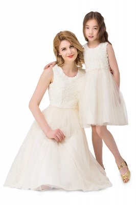 HEIDI | A-ligne longueur genou tulle bijou manches en dentelle mère fille robes_6