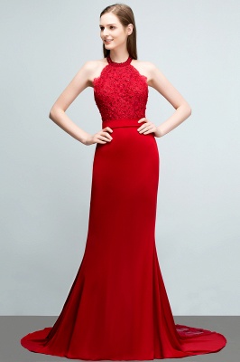 JOY | Mermaid Halter Floor Length Appliqued Beads Red Prom Dresses with Sash_1