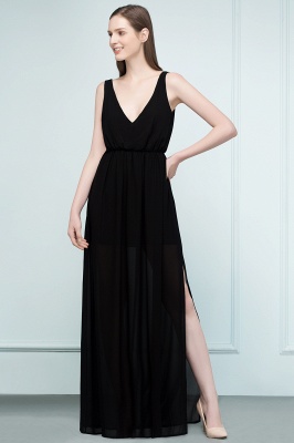 JULIET | A-line V-neck Long Sleeveless Splited Black Chiffon Prom Dresses_6