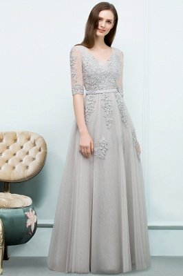 JORDYNN | A-line Half-sleeve V-neck Floor Length Appliqued Tulle Prom Dresses with Sash_11
