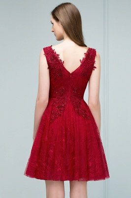 JULIA | A-line Sleeveless Short V-neck Lace Appliqued Tulle Prom Dresses_9